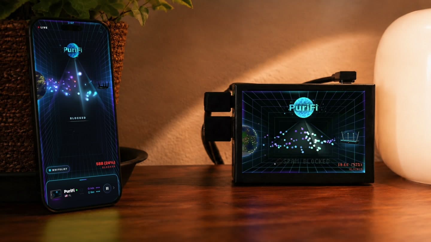 PuriFi device and phone app showing ads and trackers being blocked in real time