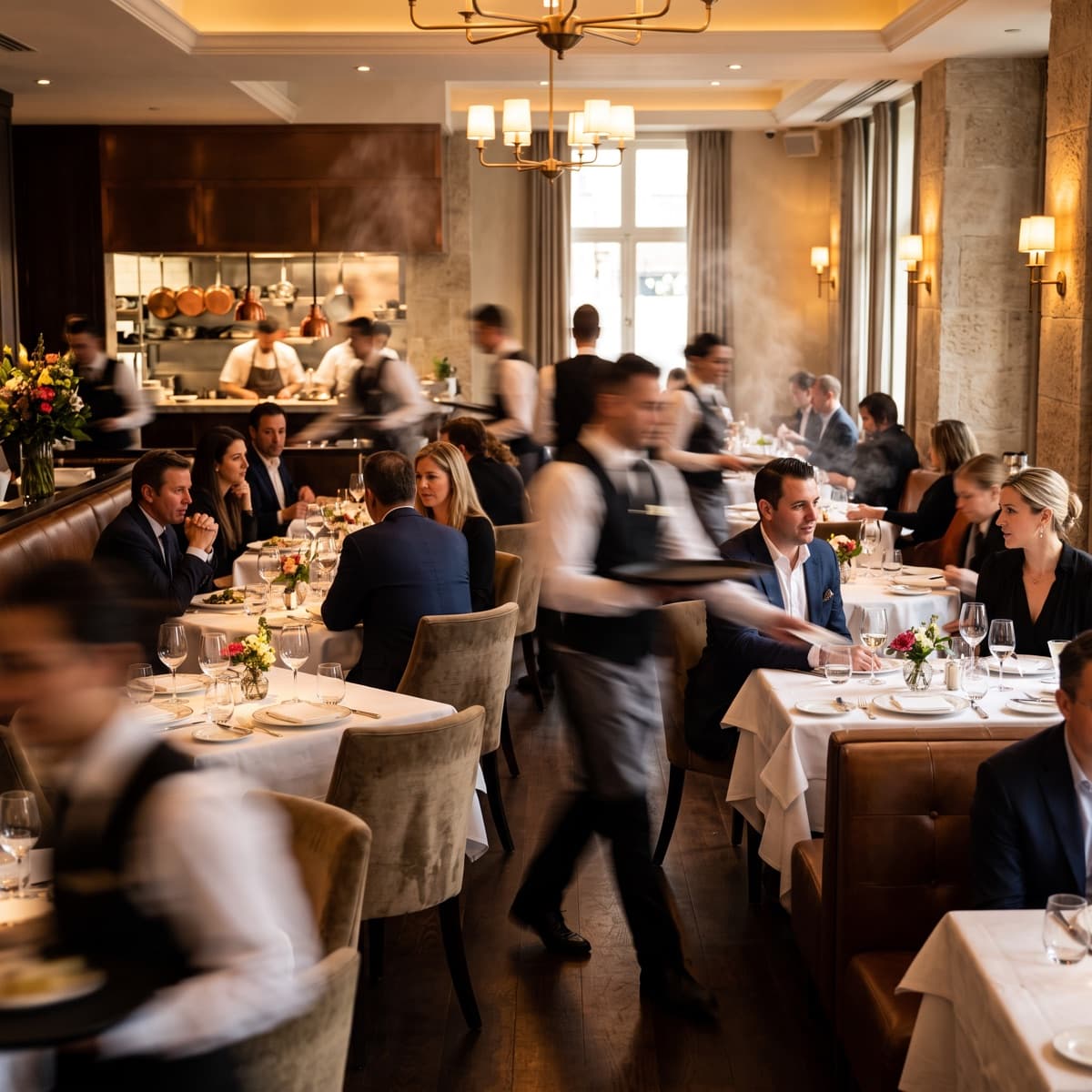 A busy restaurant dining room, servers moving between white-clothed tables.