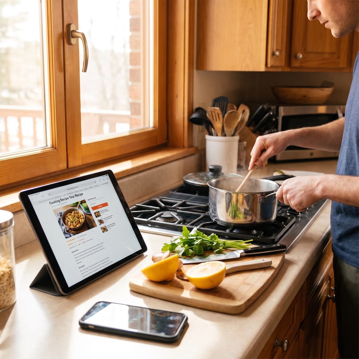 A man stirring a pot on the stove with a recipe open on a tablet propped up on the counter.