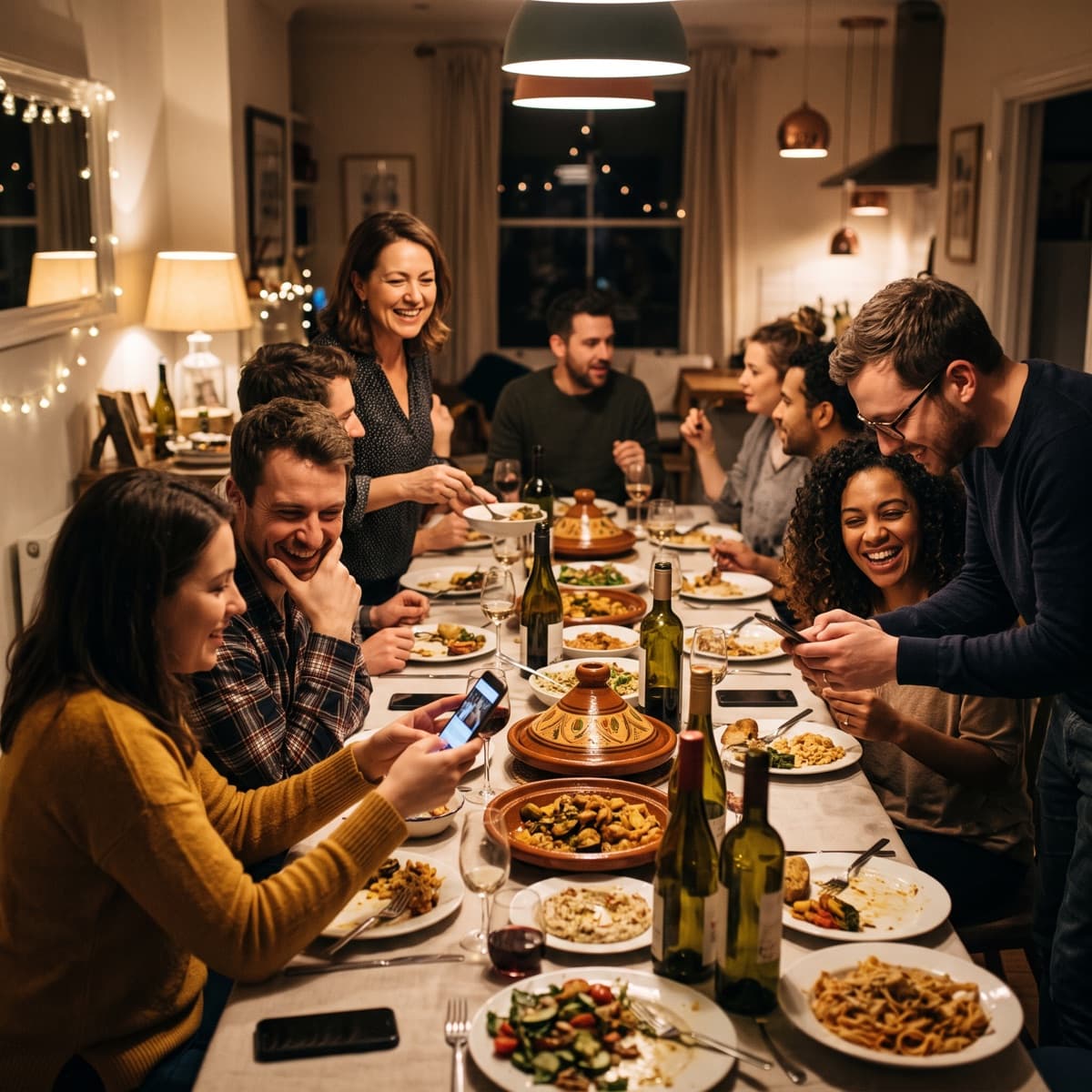 Friends around a long dinner table sharing food, a few of them looking at their phones together.