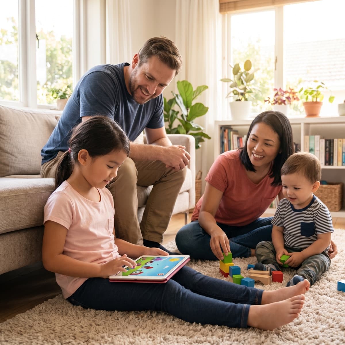 Two parents on a living-room rug with a young girl using a tablet and a toddler playing with wooden blocks.