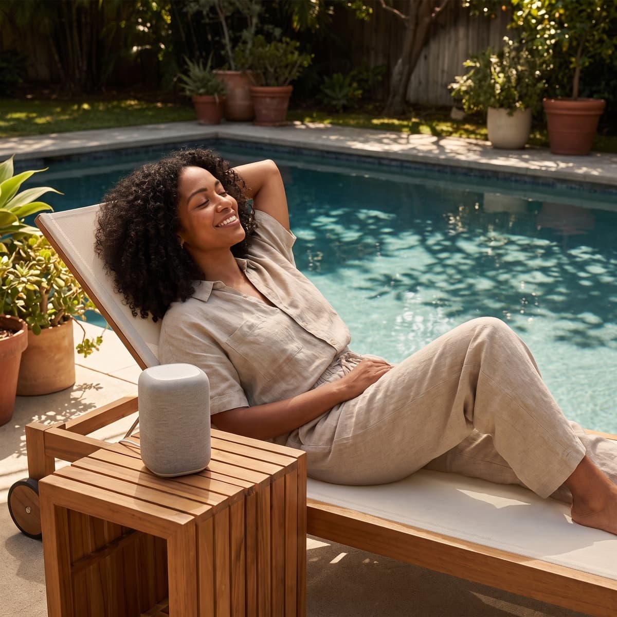 A woman reclining on a poolside lounger beside a smart speaker on a wooden side table.