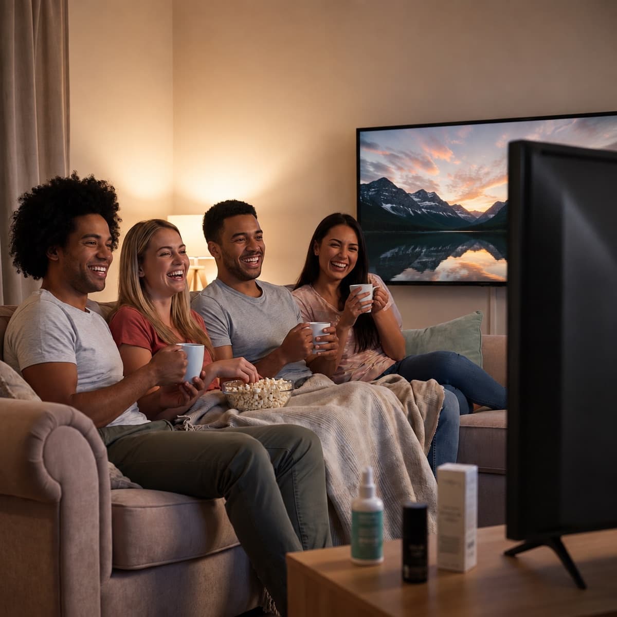 Four friends laughing together on a sofa with mugs and popcorn, watching a wall-mounted TV.