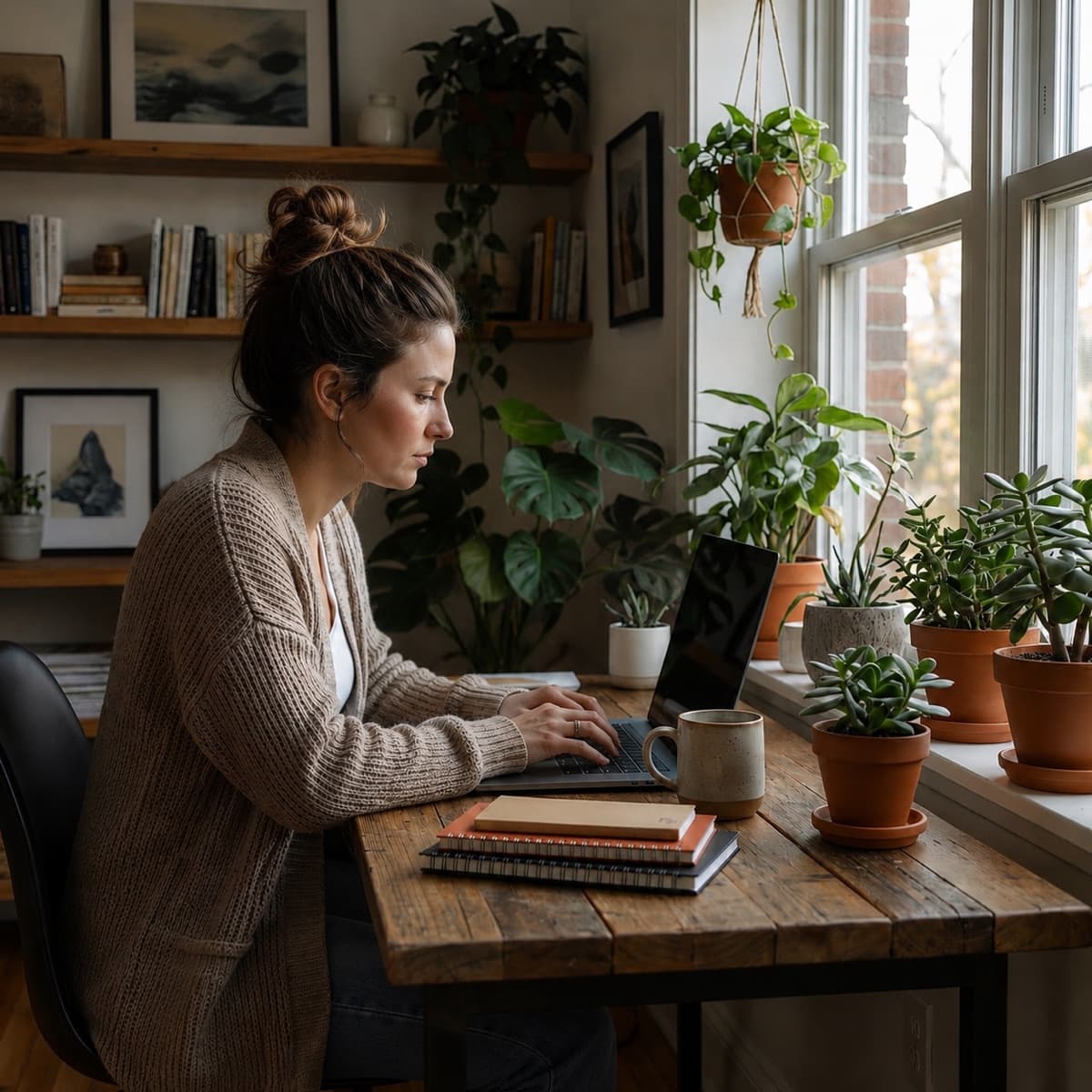 A woman working at a laptop at a wooden desk by a window lined with potted plants.