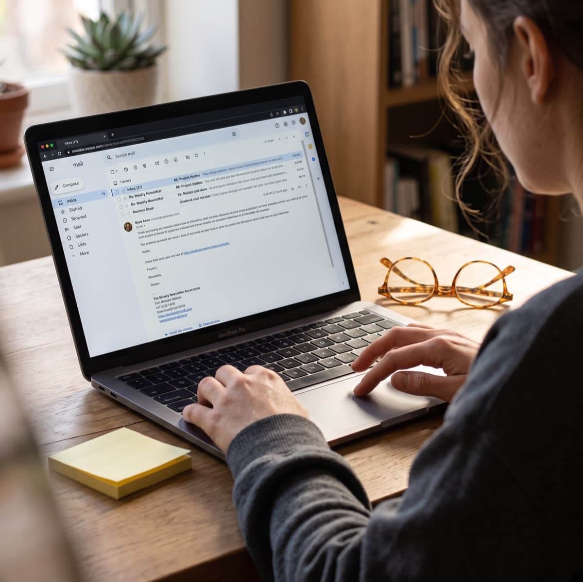 A woman working through an email inbox on a laptop at a wooden desk.