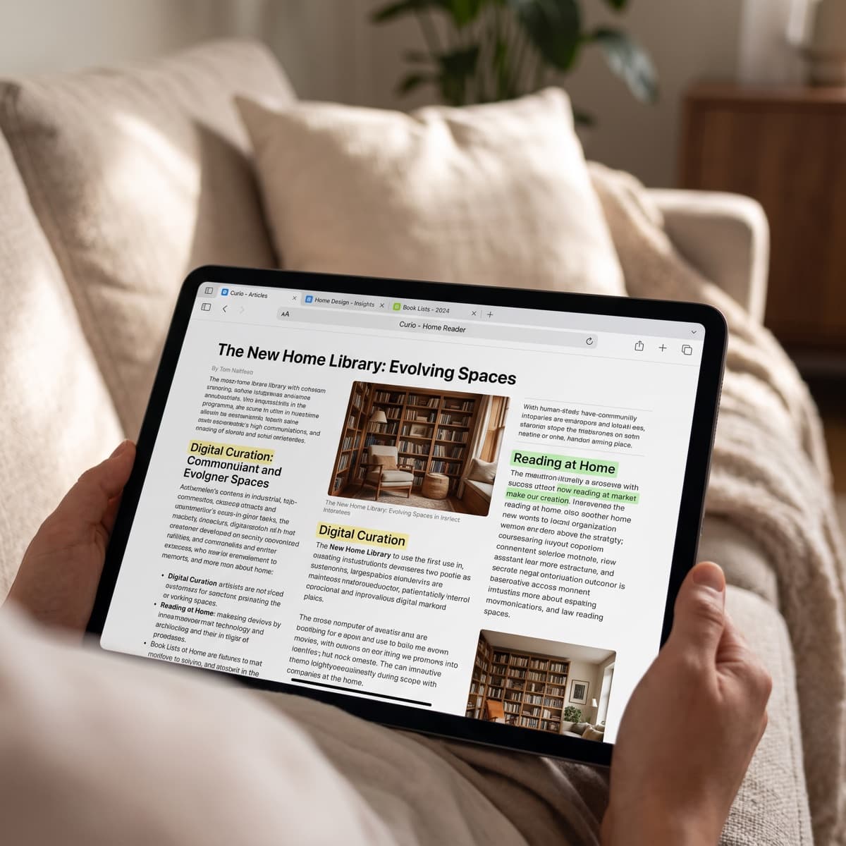 Someone reading a long article on a tablet, settled into a sofa.