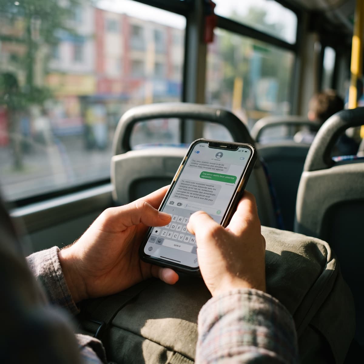 Someone typing a text message on their phone while riding a bus.