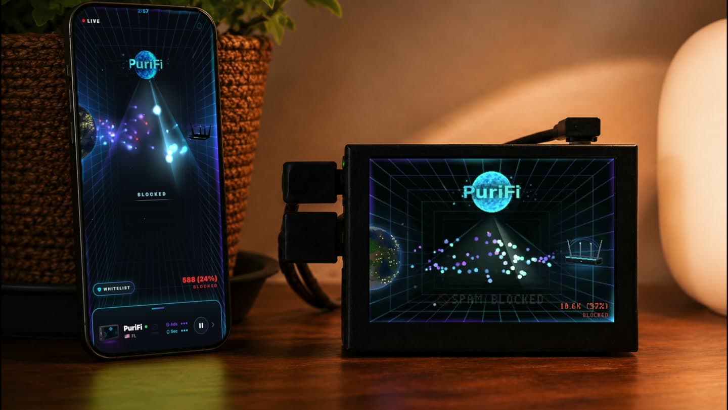 PuriFi device and phone app showing ads and trackers being blocked in real time
