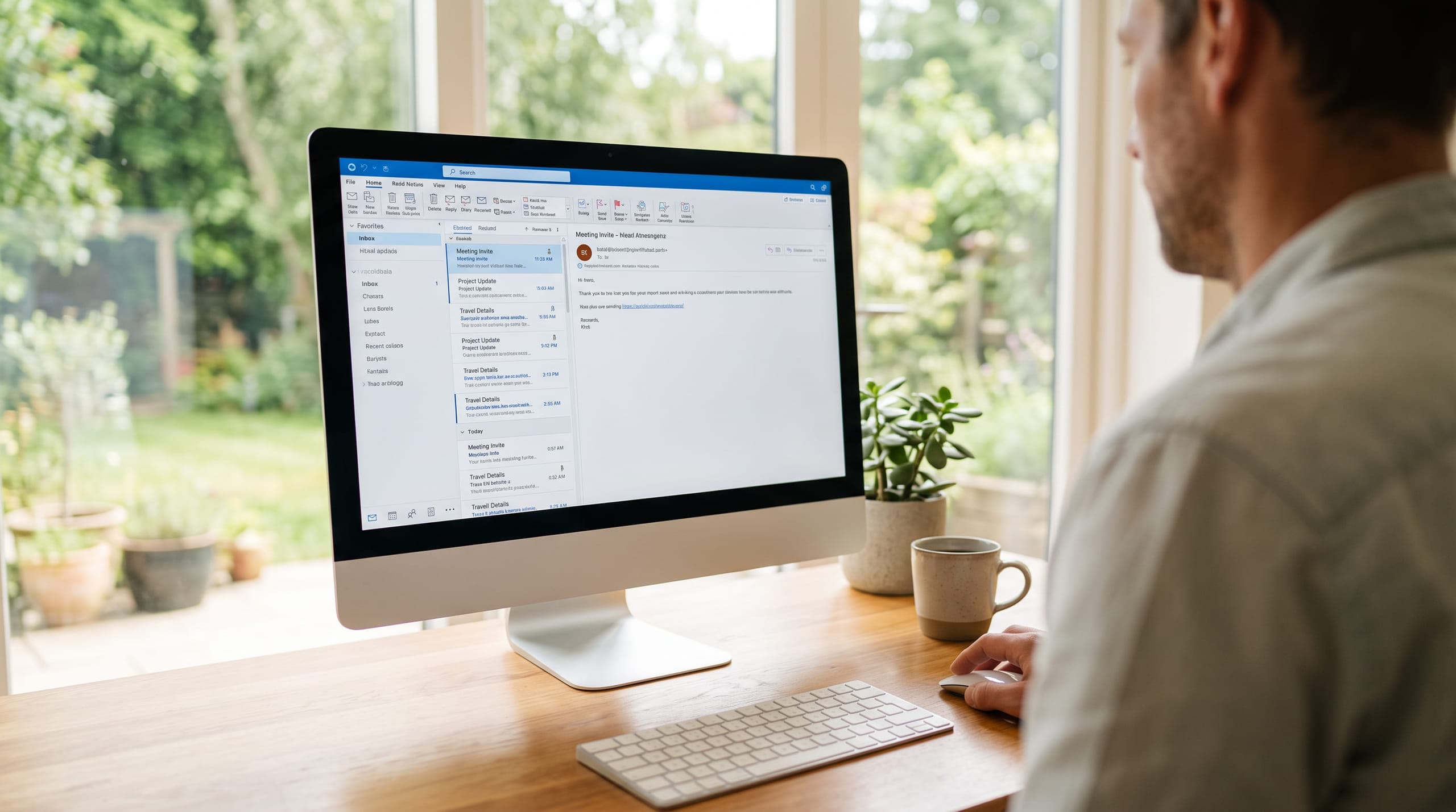 A man at his desk working through an email inbox on a desktop computer, a garden visible through the window behind him.