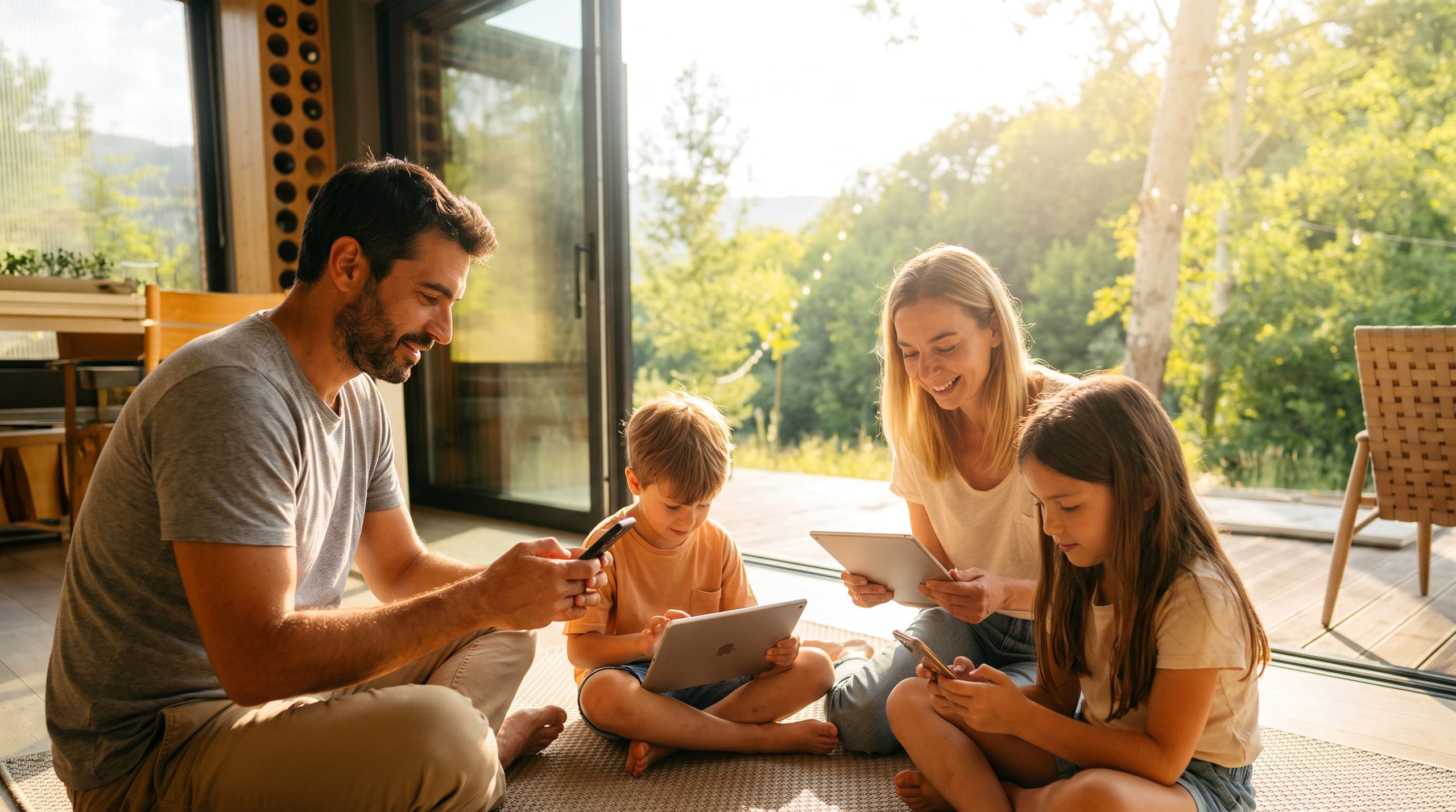 A family sitting together on the floor at home, each using a phone or tablet.