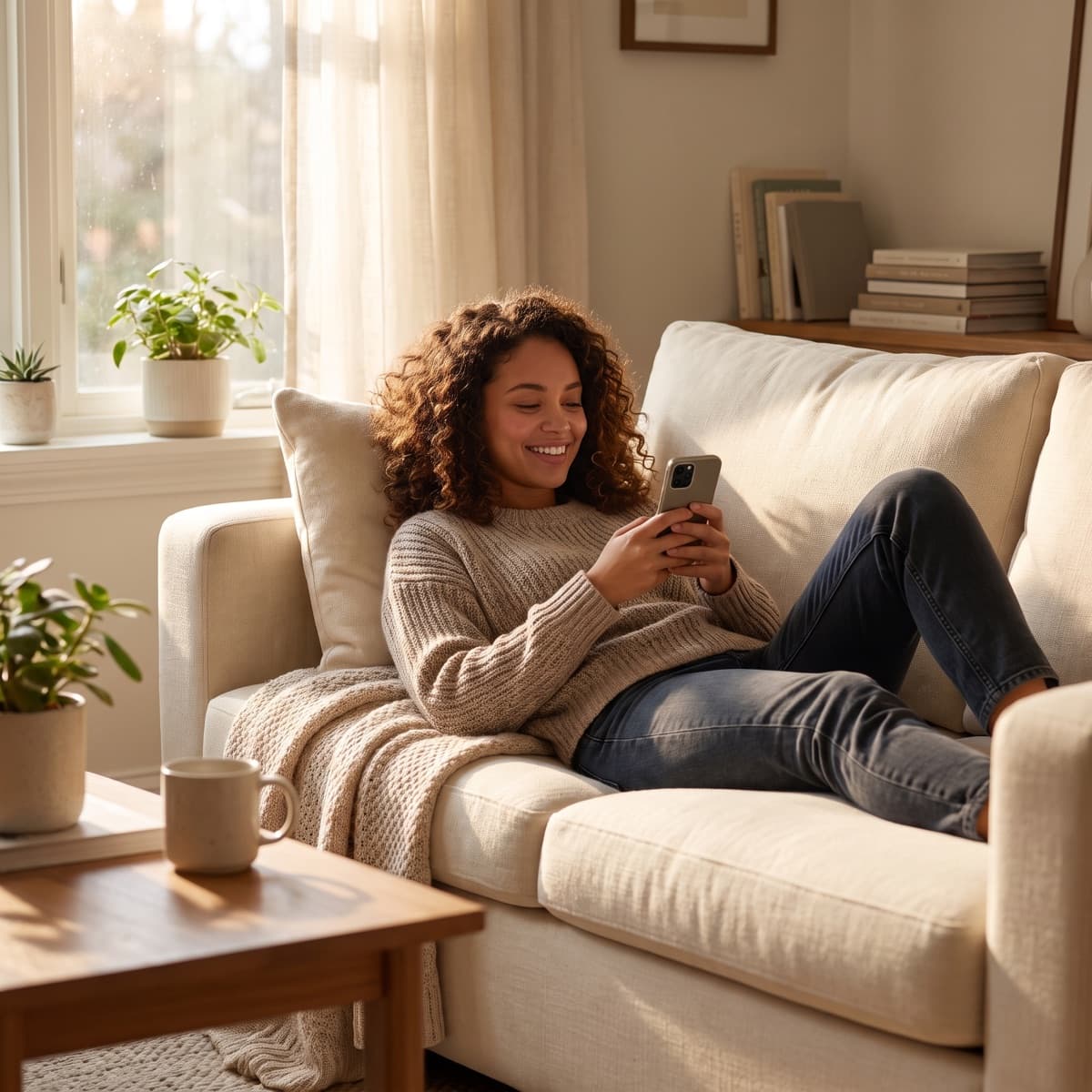 A woman curled up on a cream sofa in a sunlit living room, smiling at her phone.