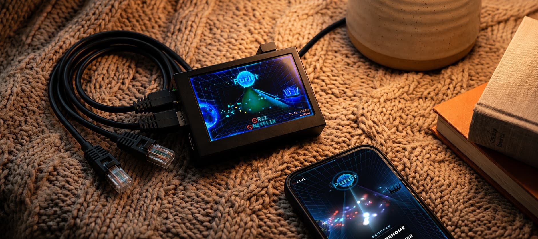 The PuriFi device on a knitted blanket with ethernet cables coiled beside it, its screen showing live blocked-domain activity, next to a phone running the PuriFi app.
