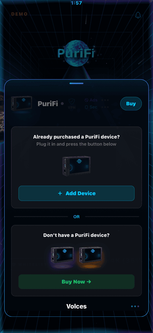The PuriFi app’s main screen with the bottom panel dragged up, showing the Add Device button.