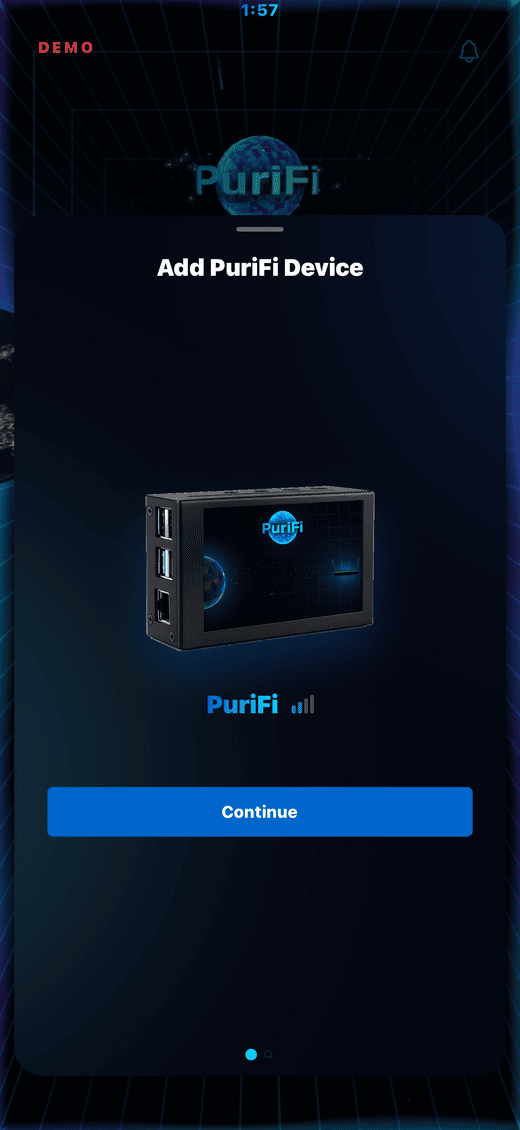 The app listing a discovered PuriFi device with a Continue button.