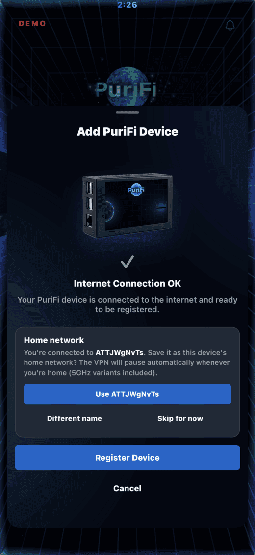 The app confirming Internet Connection OK, with the option to save the home Wi-Fi name.