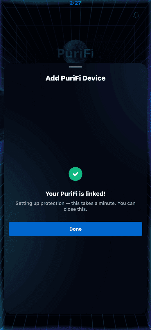 The app showing that the PuriFi is linked, with a Done button.