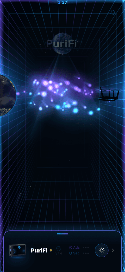The app’s device row with an amber dot and greyed-out Ads and Sec indicators.