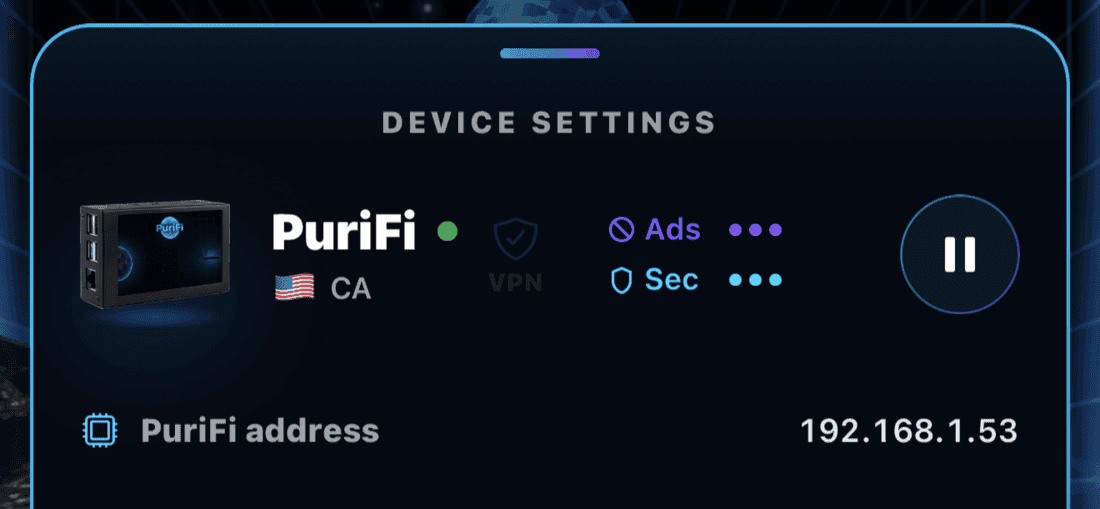 The top of the PuriFi app’s Device Settings screen showing the PuriFi address.