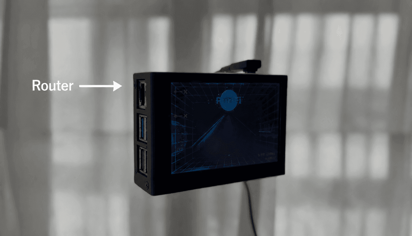 The back of a PuriFi device with a single Ethernet cable in the built-in port and the USB ports empty.
