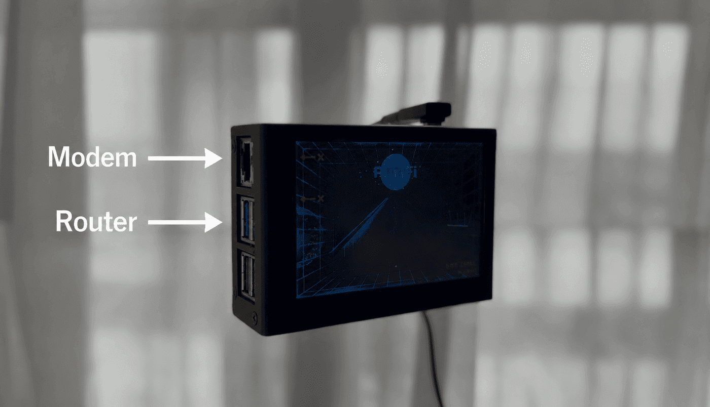 The back of a PuriFi device with the Ethernet cable in the built-in port and the USB-to-Ethernet cable in a USB port.