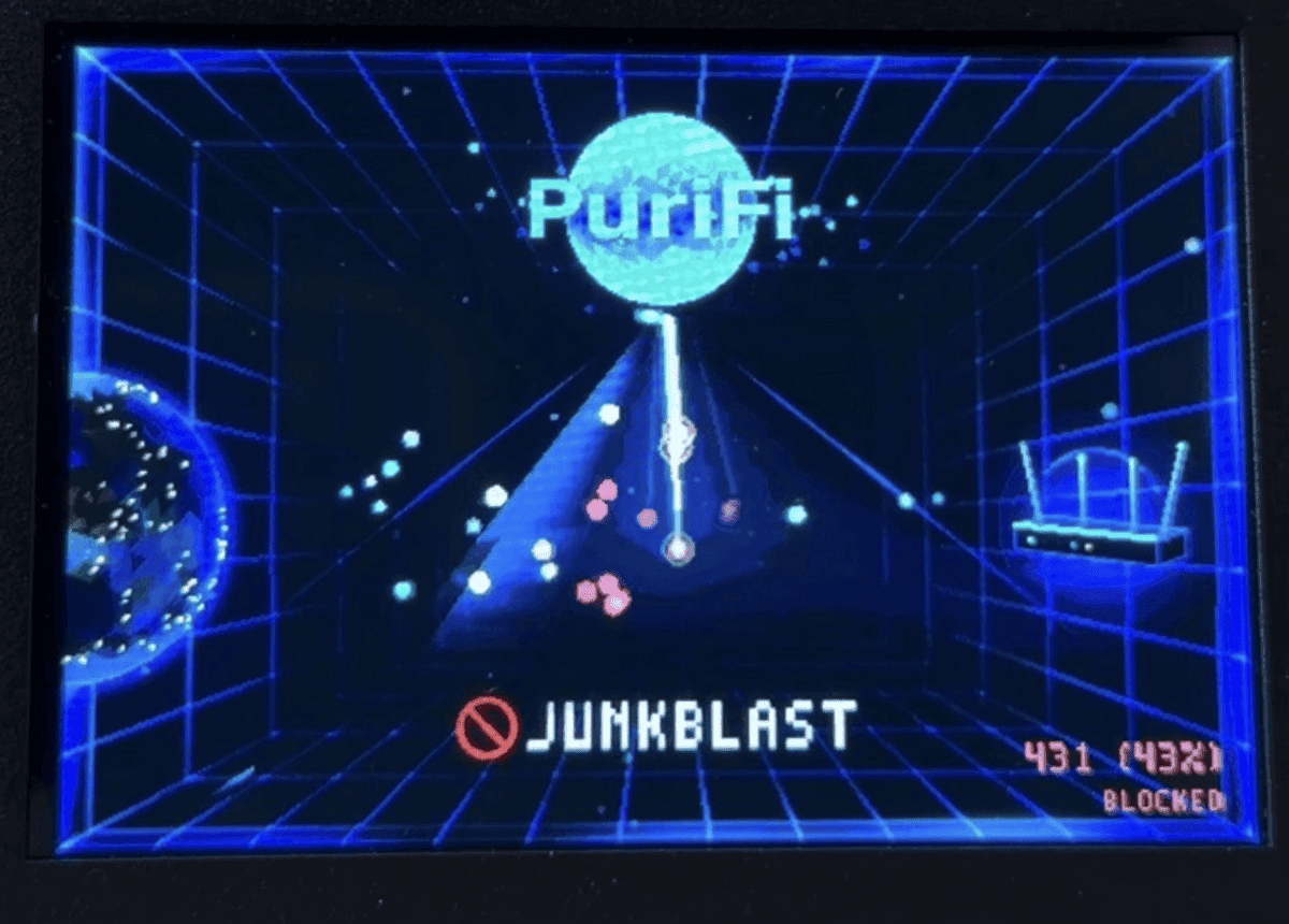 The PuriFi screen with blue dots travelling from the earth toward the router and red dots being shot down in the middle.