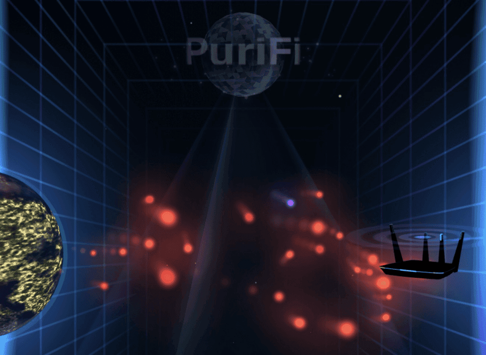 The PuriFi screen dimmed, with red dots reaching the router untouched.