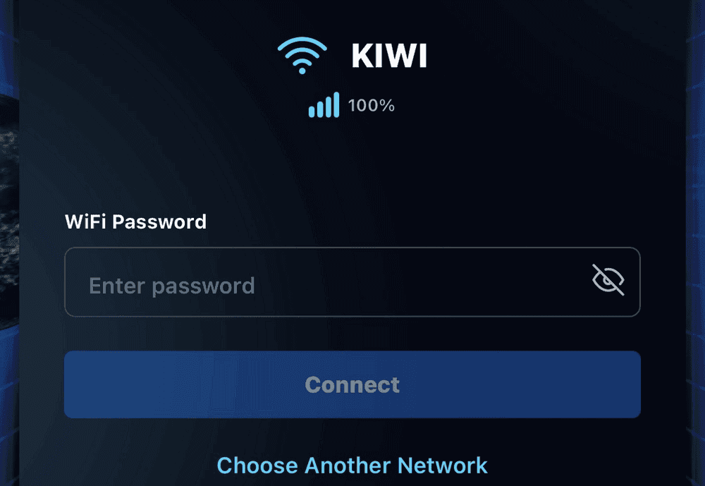 The PuriFi app’s Wi-Fi password entry screen with a Connect button.