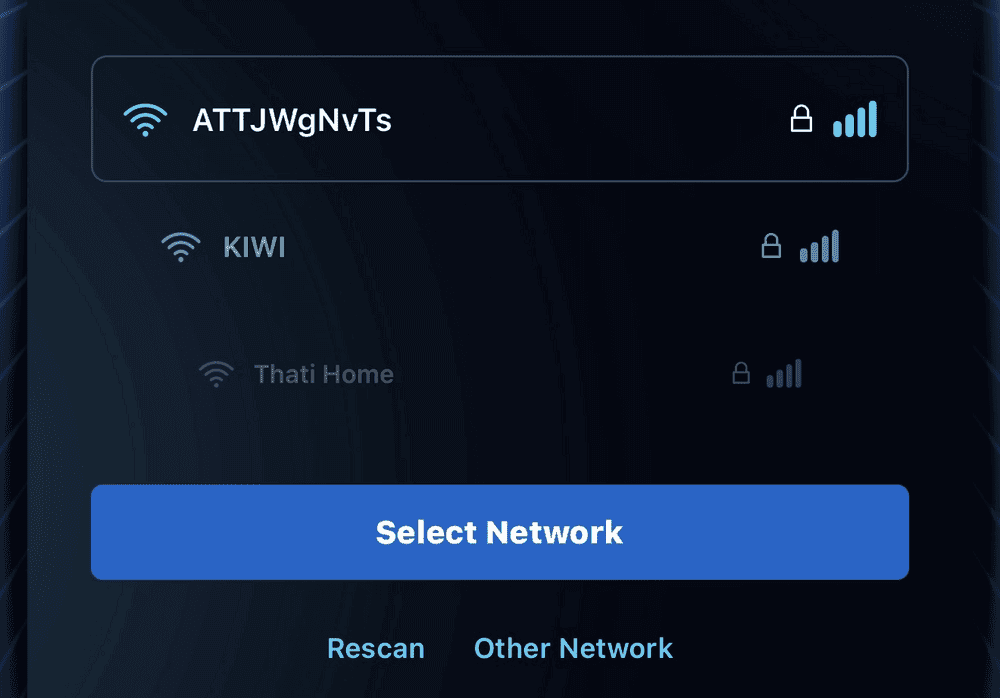 The PuriFi app listing nearby Wi-Fi networks with a Select Network button.