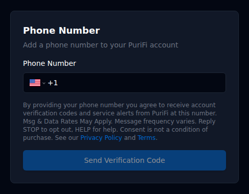 PuriFi customer portal phone number opt-in screen showing the SMS consent disclosure above the Send Verification Code button
